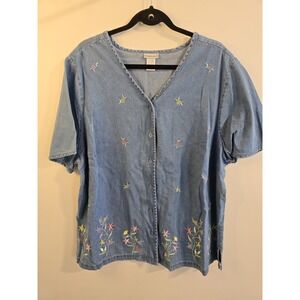 Women's Denim Short Sleeve Shirt W/ Embroidered Flowers Vintage Size 22/24